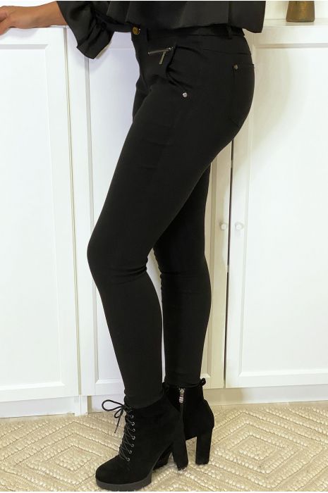 Pantalon Slim Noir En Strech Avec Zip Et Poches