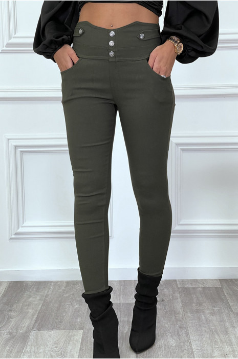 Pantalon Slim Kaki Taille Haute Avec Boutons Et Poches