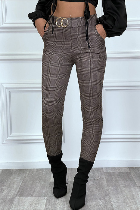 Pantalon cigarette taupe motif pied de poule et carreaux à double boucle