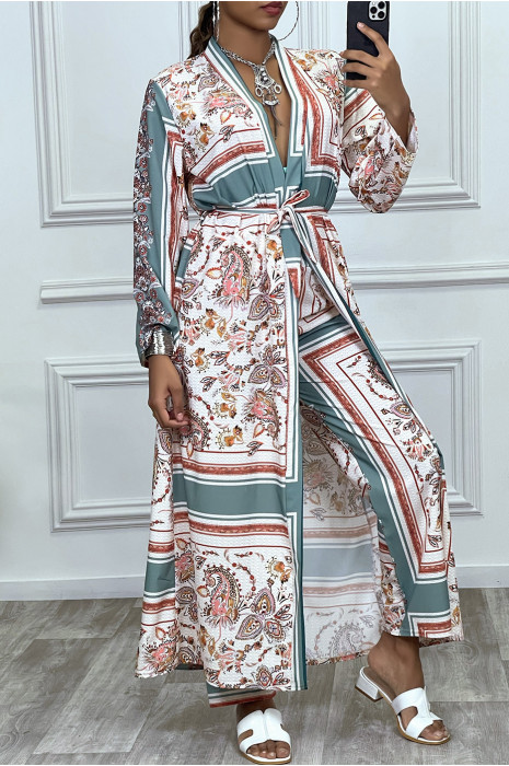 Ensemble Vert D Eau Pantalon Et Long Kimono Motif