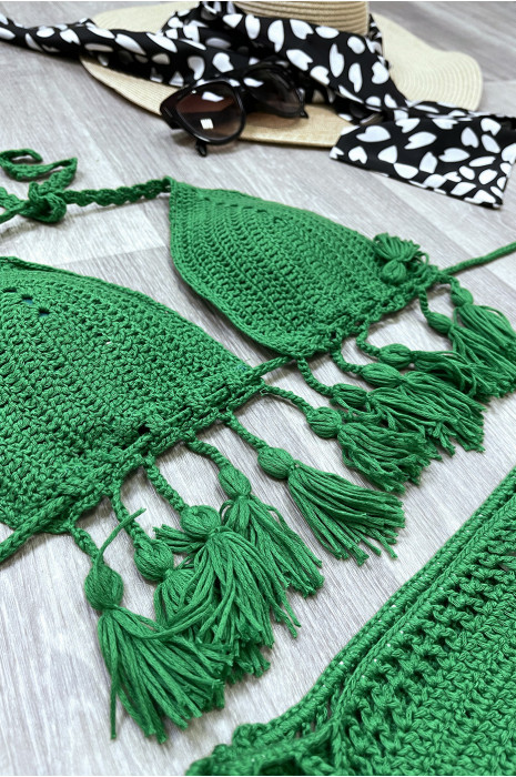 Bikini En Crochet Vert Dos Nu Avec Pompons