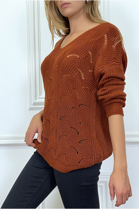 Pull Cognac Col V Tombant Tress En Forme De Feuilles