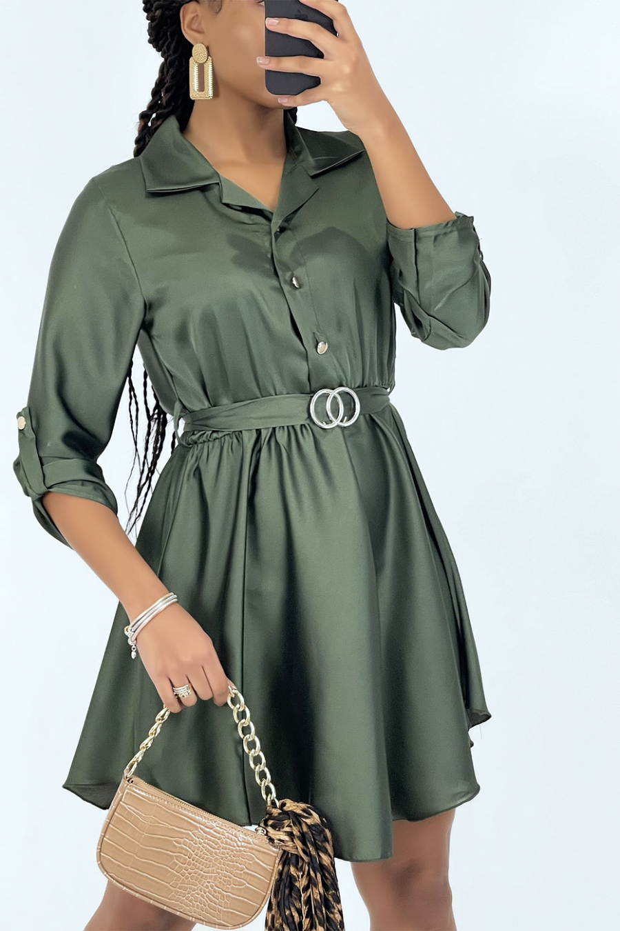 Robe Chemise Verte Satin Avec Ceinture