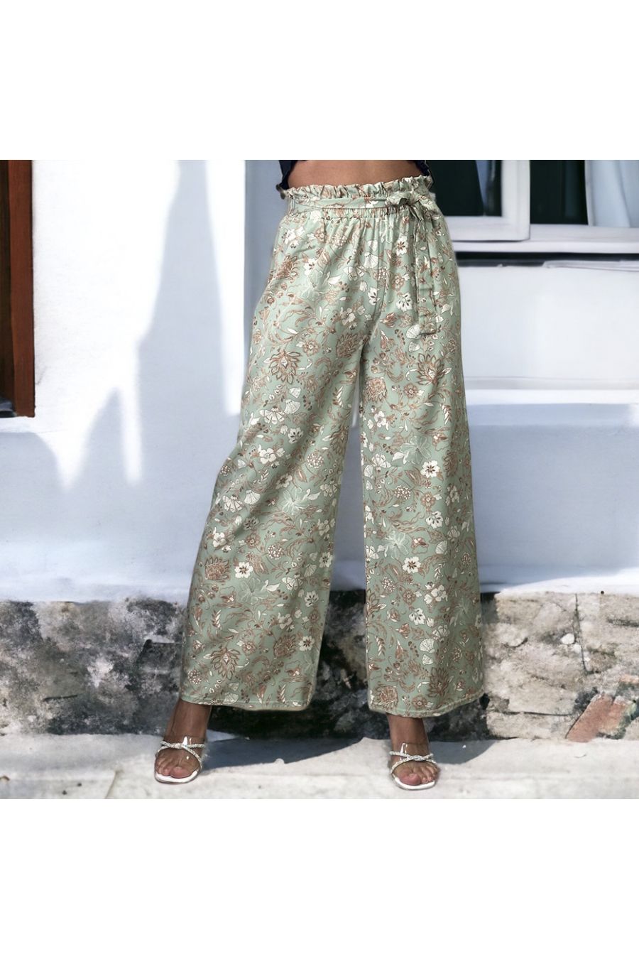 Pantalon Palazzo Motif Fleuris Vert