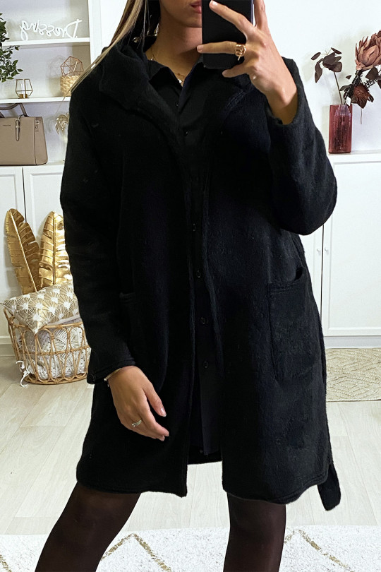 Veste dufteux en noir avec poches ceinture et capuche - 1