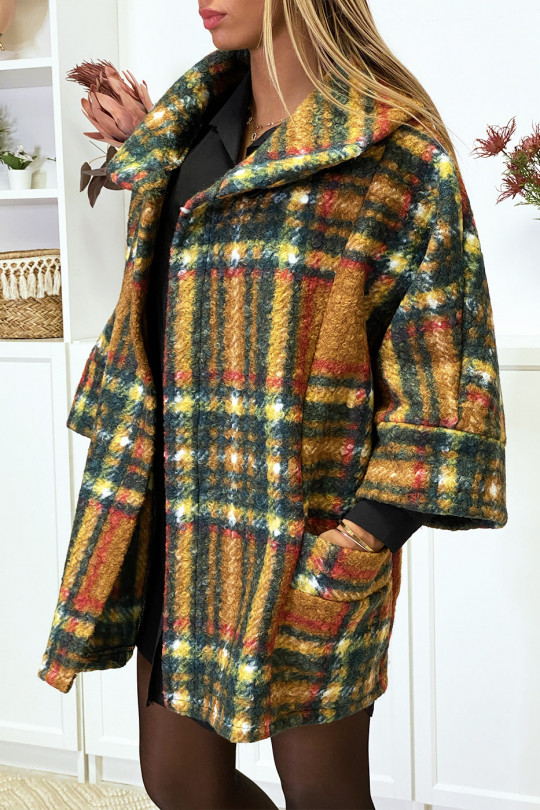 Manteau over size à carreaux moutarde avec poches - 4