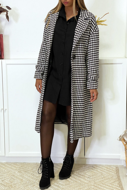 Long over size houndstooth pattern coat with pockets and belt - 2