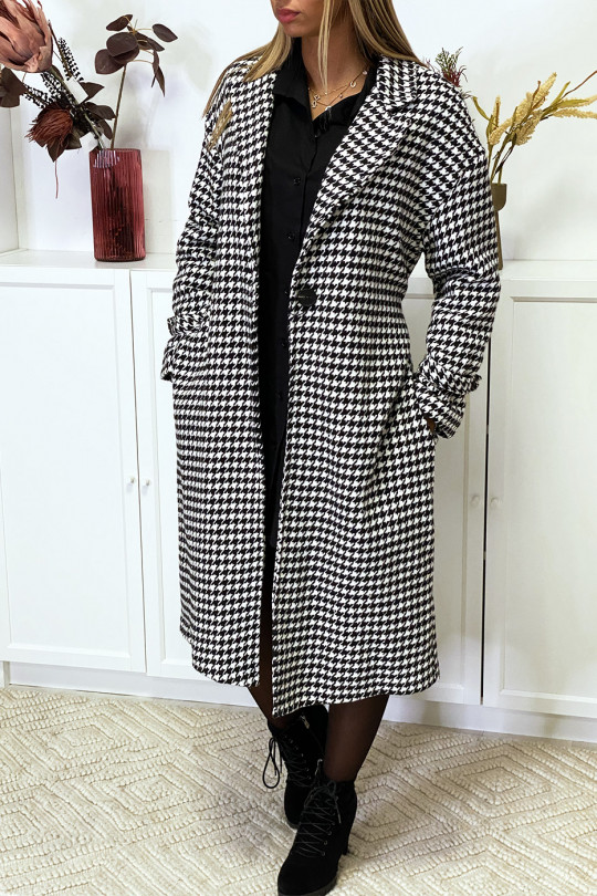 Long over size houndstooth pattern coat with pockets and belt - 3