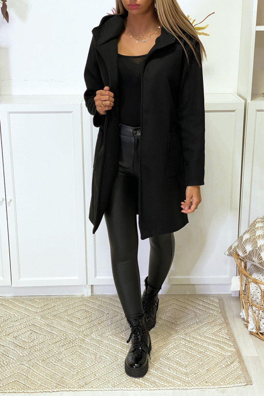 Veste noir avec ceinture capuche et poches - 1