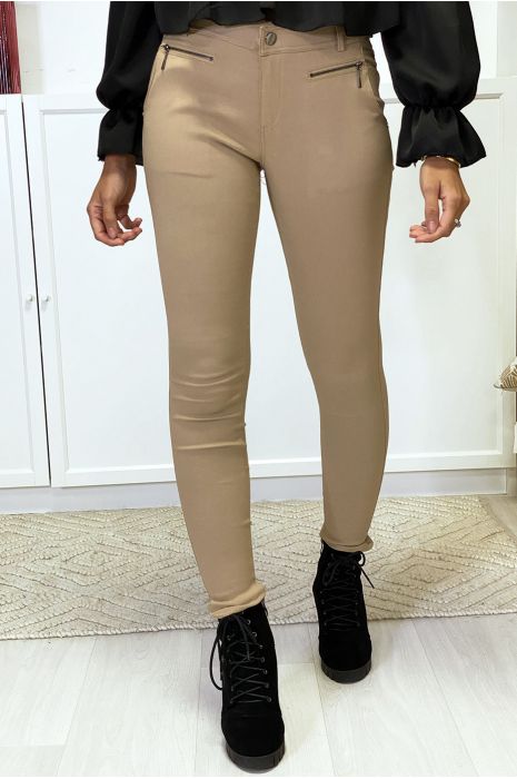 Pantalon slim camel en strech avec zip et poches - 2