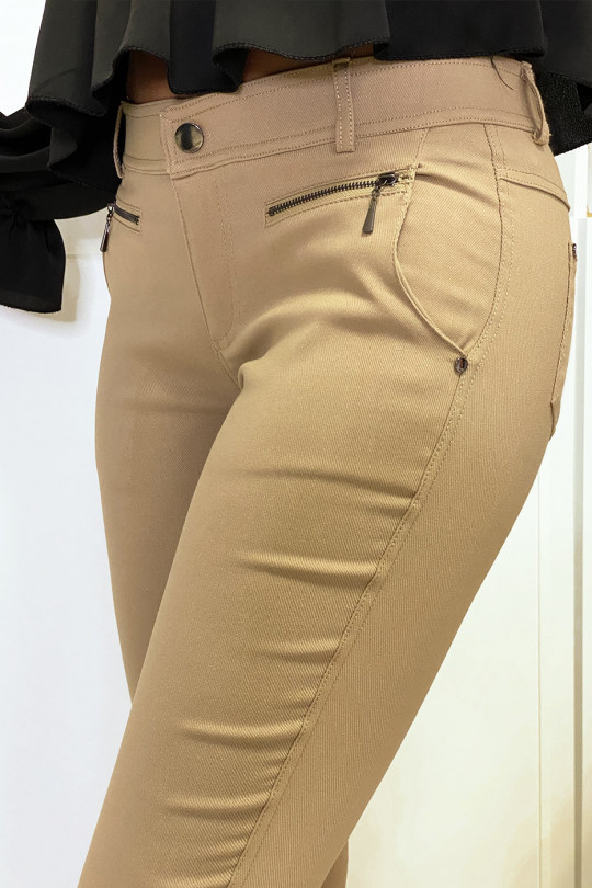 Pantalon slim camel en strech avec zip et poches - 5