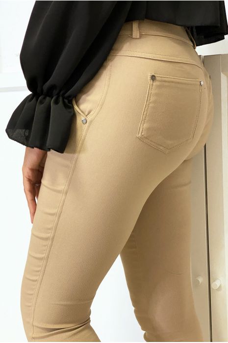 Pantalon slim camel en strech avec zip et poches - 7