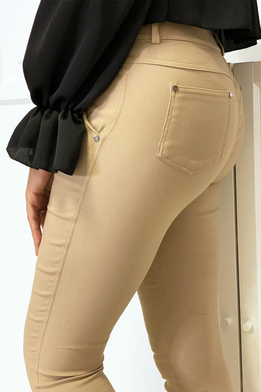 Pantalon slim camel en strech avec zip et poches - 7