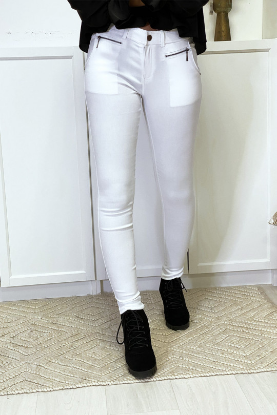 White slim pants in strech with zip and pockets - 1