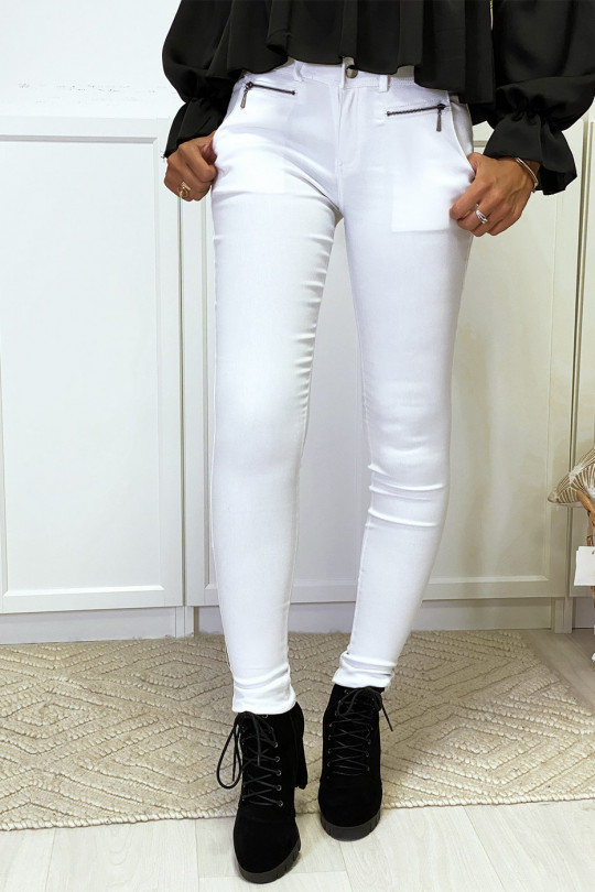 Pantalon slim blanc en strech avec zip et poches - 2