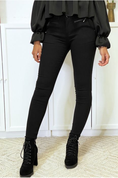 Pantalon slim noir en strech avec zip et poches - 2
