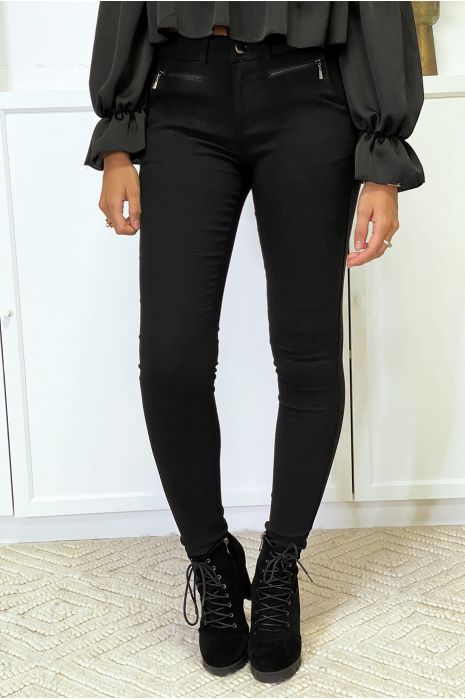 Pantalon slim noir en strech avec zip et poches - 3