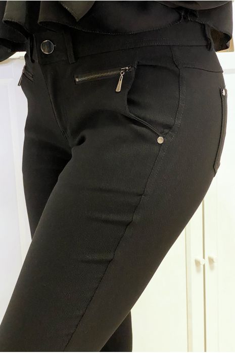 Pantalon slim noir en strech avec zip et poches - 5