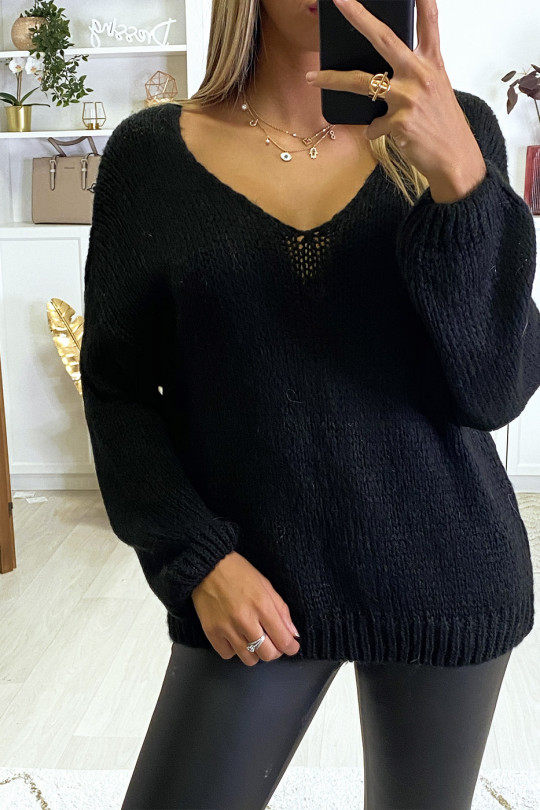Pull noir tombant composé de laine - 1