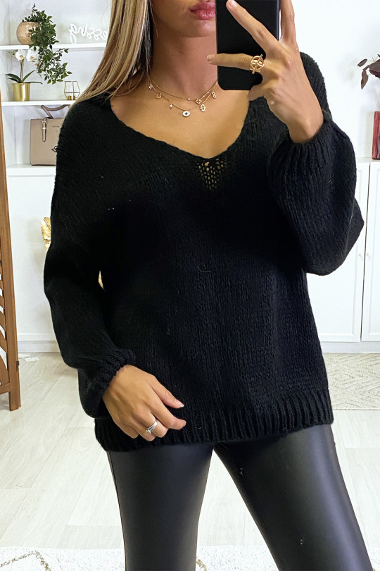 Pull noir tombant composé de laine - 2