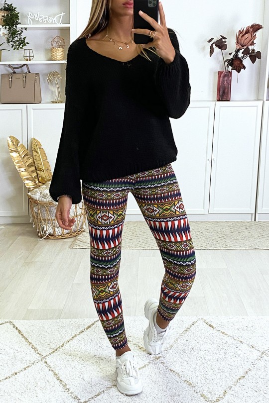 Black and red colorful pattern leggings with faux leather waistband - 1