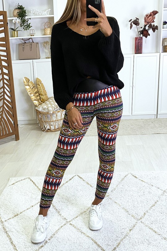 Black and red colorful pattern leggings with faux leather waistband - 2
