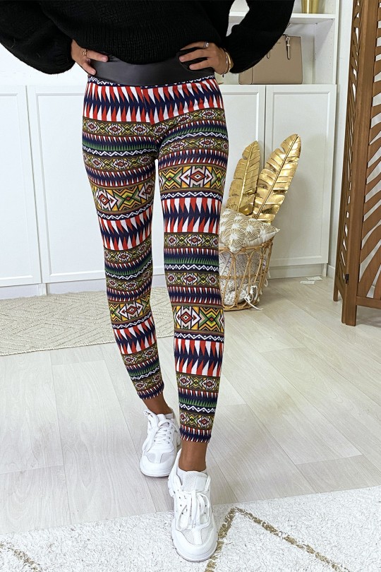 Black and red colorful pattern leggings with faux leather waistband - 3