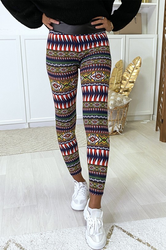 Black and red colorful pattern leggings with faux leather waistband - 4