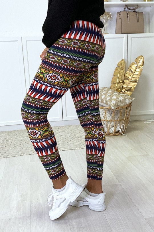 Black and red colorful pattern leggings with faux leather waistband - 6