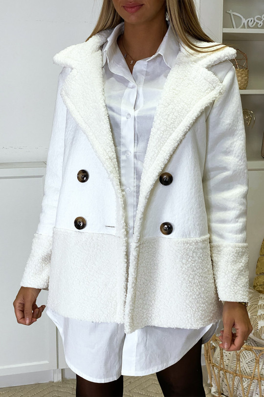 Manteau blanc en suédine avec moumoute - 1