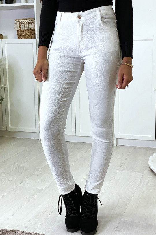 Witte slanke broek met pythonpatroon en 5 zakken - 3