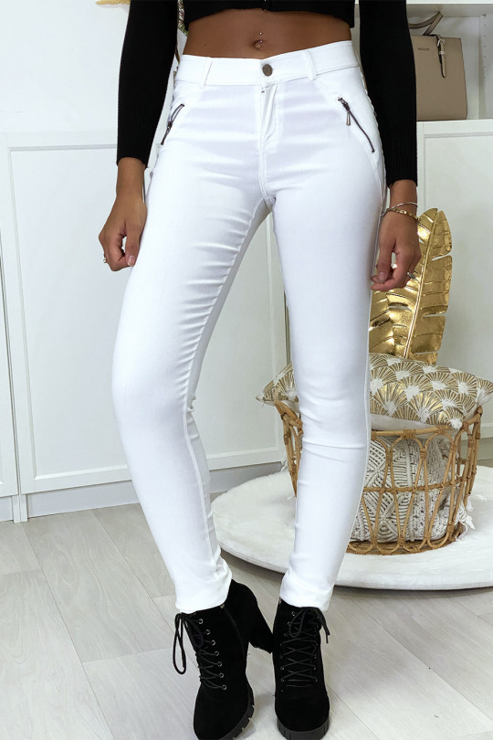 Pantalon slim blanc en strech avec zip et suédine - 2