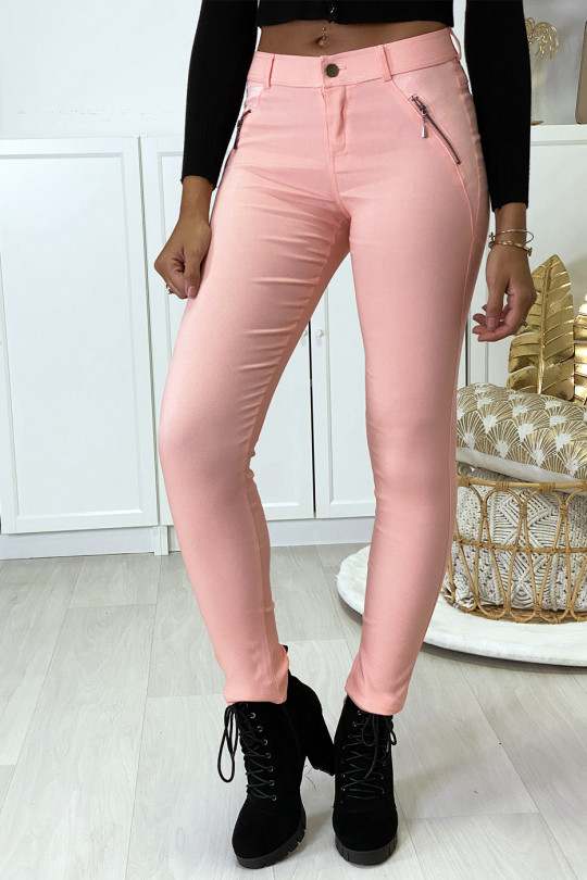 Pantalon slim rose en strech avec zip et suédine - 1
