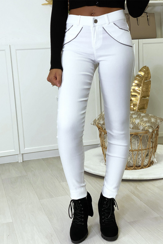 Pantalon slim blanc en strech avec zip et suédine à l'avant - 2
