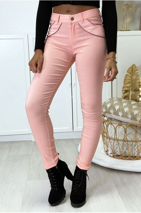Pink slim pants in strech with zip and suede at the front - 1