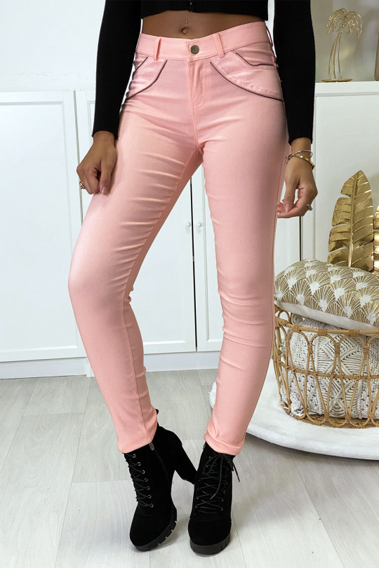 Pantalon slim rose en strech avec zip et suédine à l'avant - 1