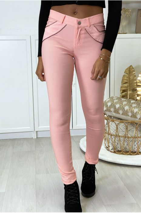 Roze slimfit broek in stretch met ritssluiting en suède aan de voorzijde - 2
