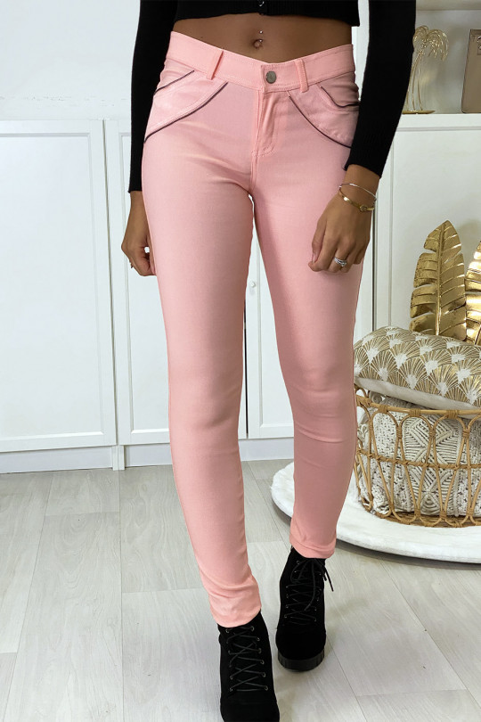 Pink slim pants in strech with zip and suede at the front - 2