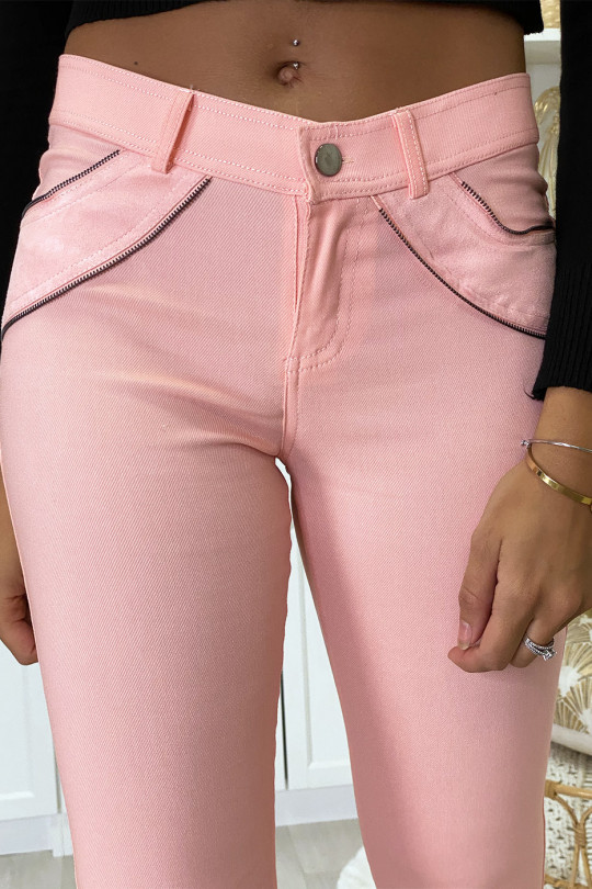 Pink slim pants in strech with zip and suede at the front - 3