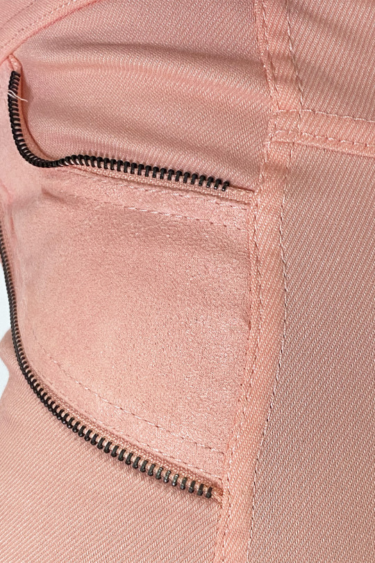 Pink slim pants in strech with zip and suede at the front - 7