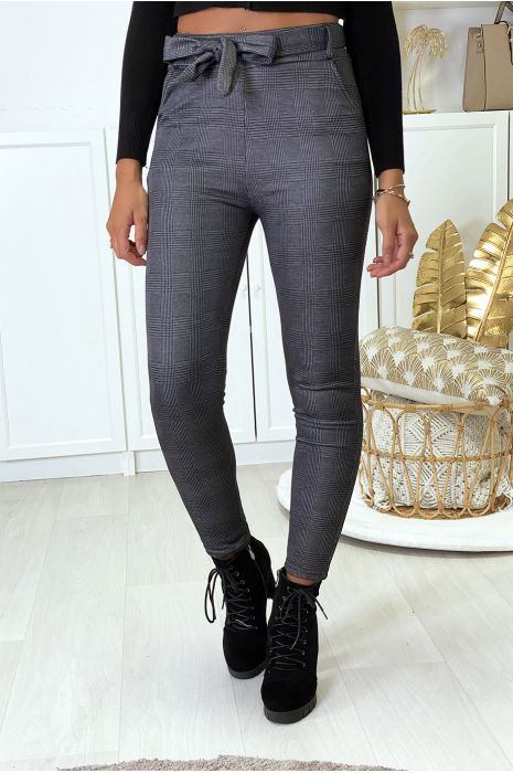 Slim-fit charcoal check pants, fleece inside with pockets and belt - 1