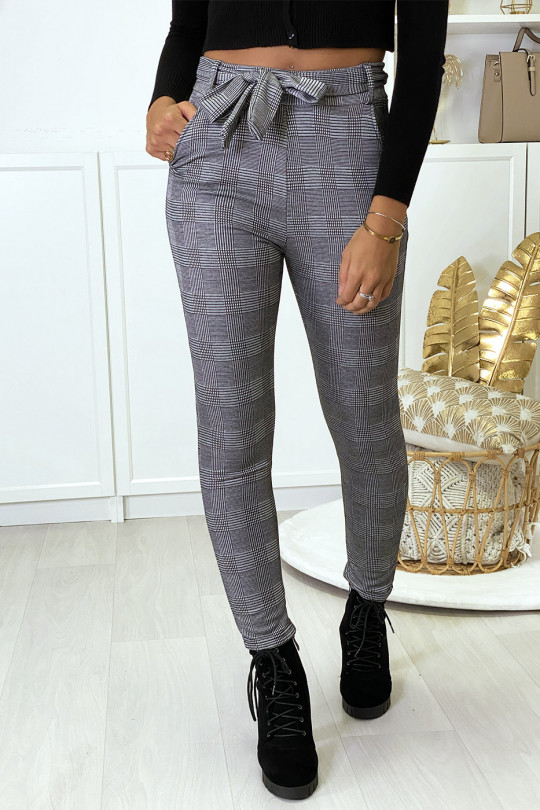 Gray check slim pants fleece inside with pockets and belt - 1