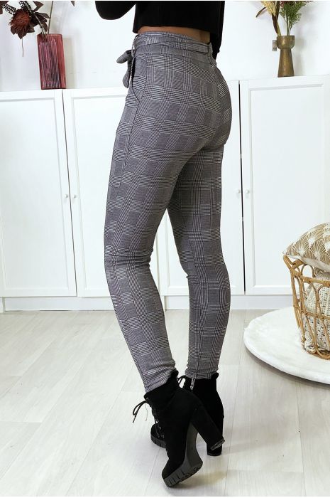 Grijze geruite slanke broek van fleece met zakken en riem - 5