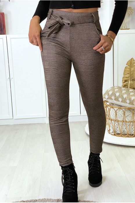 Taupe slim-fit broek met fleece binnenkant met zakken en riem - 1