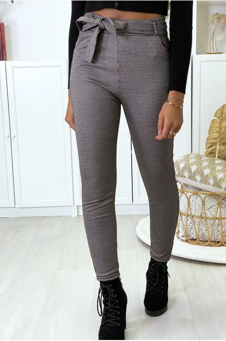 Slim-fit broek in taupekleurig gingham-patroon, fleece aan de binnenkant met zakken en riem - 1