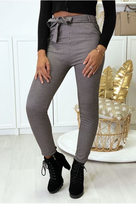 Slim-fit broek in taupekleurig gingham-patroon, fleece aan de binnenkant met zakken en riem - 2