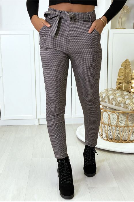 Pantalon slim à motif vichy taupe molletonné à l'intérieur avec poches et ceinture