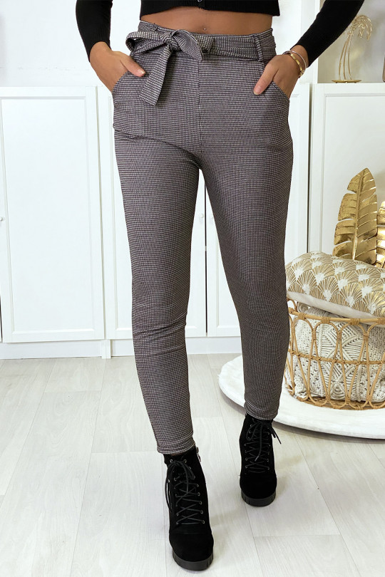 Slim-fit trousers in taupe gingham pattern, fleece inside with pockets and belt - 3