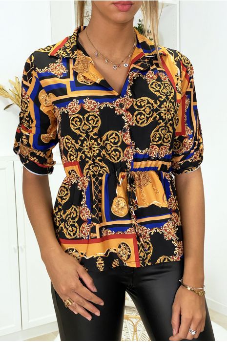 Blouse motif grande marque avec col chemise et élastique à la taille - 2