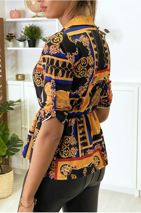 Blouse motif grande marque avec col chemise et élastique à la taille - 4
